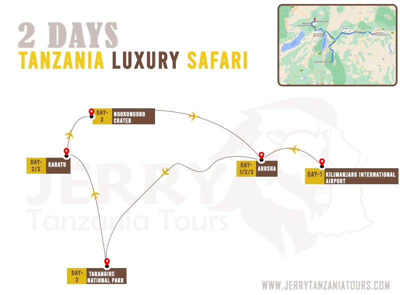 2 Days Tanzania lodge Safari Map