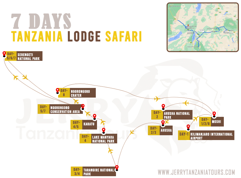 7 Days Tanzania Lodge Safari Map