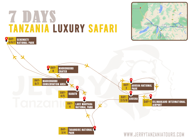 7 Days Tanzania Luxury Safari Map