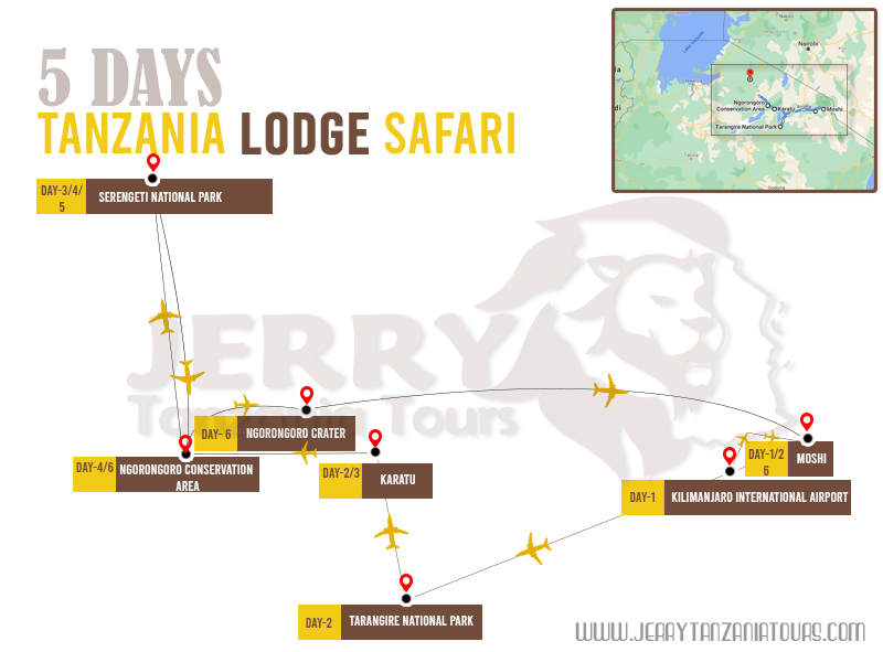 5 Days Tanzania Lodge Safari Map