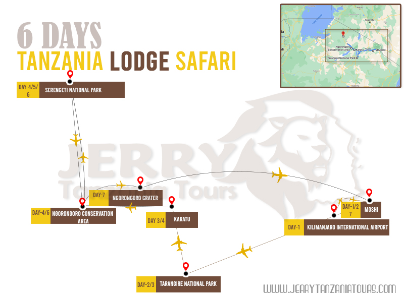 6 Days Tanzania Lodge Safari Map